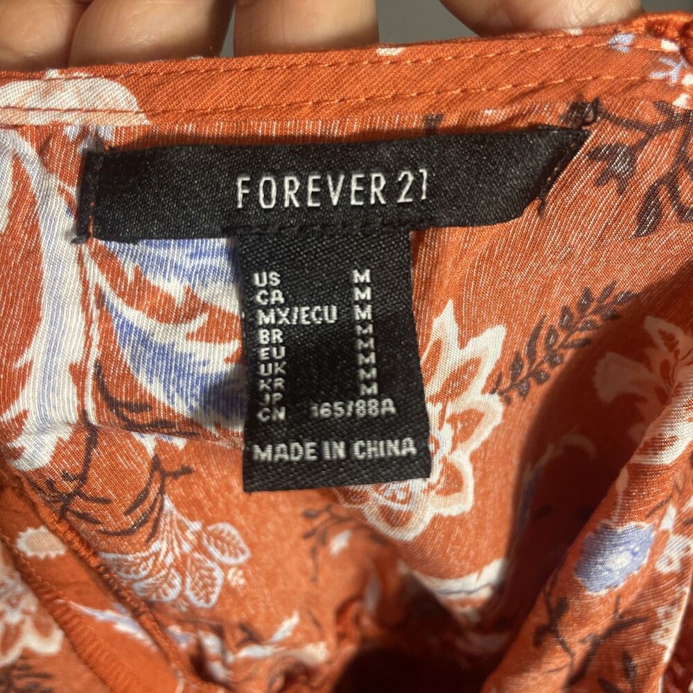 Forever 21 Orange Rust Floral Boho Dress Crochet Neckline Size Medium Short Mini - Picture 7 of 7